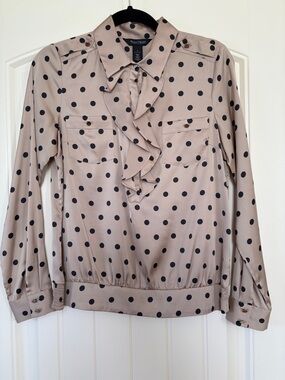 White House Black Market Beige Blouse with Black Polka Dots. Like new. Sz 6